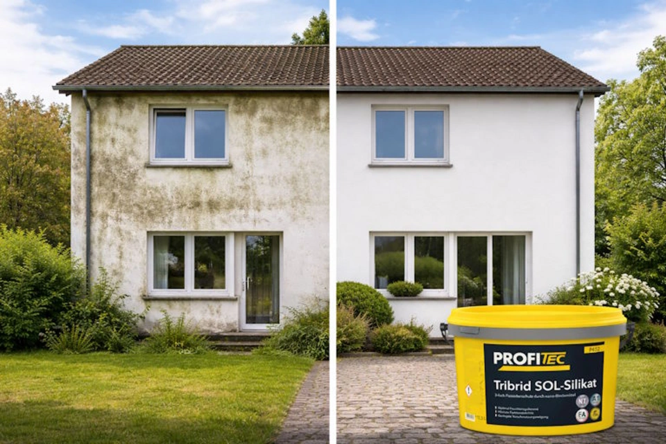 Fassade vorher nachher mit PROFITEC P452 Tribrid SOL-Silikat Fassadenfarbe gereinigt und neu gestrichen