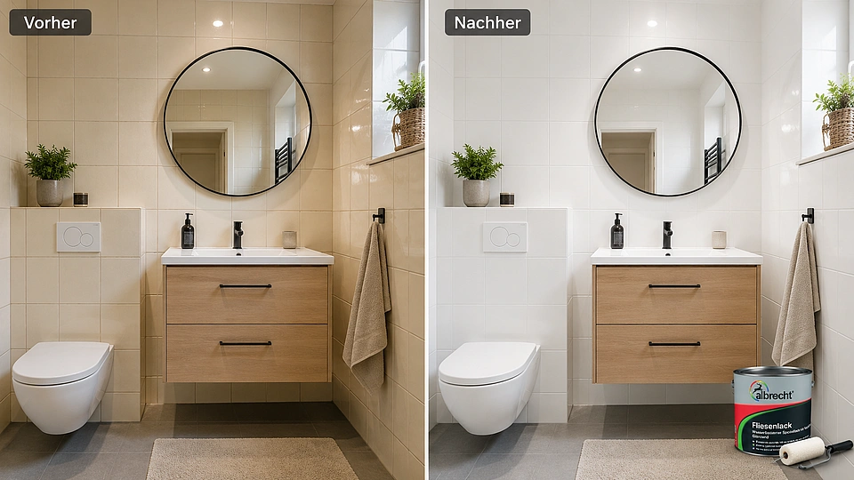 Vorher-Nachher-Vergleich eines Badezimmers mit alten beigen Wandfliesen und modernisierten hellen Fliesen nach dem Anstrich mit Albrecht Fliesenlack