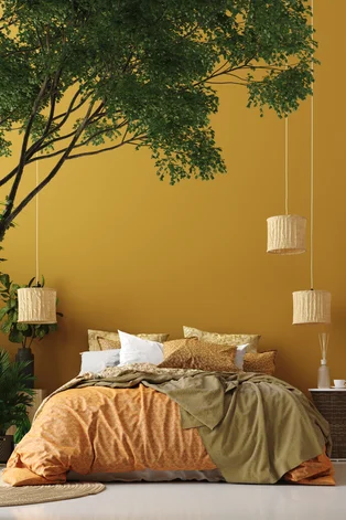 Illustration - Ihr Experte für schönes Wohnen - Schlafzimmer-Interieur im böhmischen Stil mit gemustertem Bett und Blumenecke